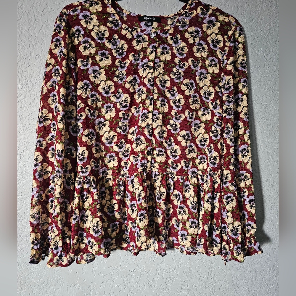 Madewell Drawstring Ruffle Hem Top in Viola Floral XL